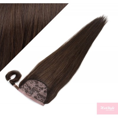 Clip in human hair ponytail wrap hair extension 20" straight - dark brown