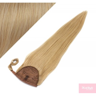 Clip in human hair ponytail wrap hair extension 20" straight - natural blonde