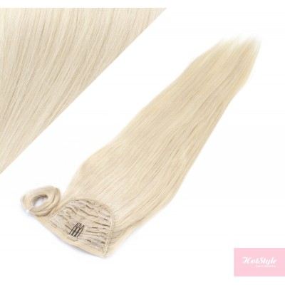 Clip in human hair ponytail wrap hair extension 20" straight - platinum blonde