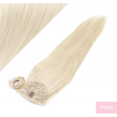 Clip in human hair ponytail wrap hair extension 24" straight - platinum blonde