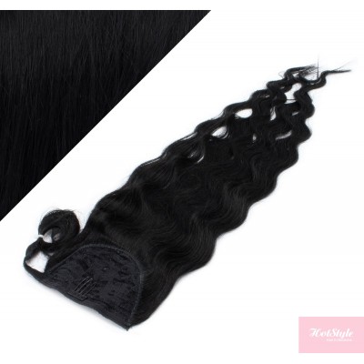 Clip in human hair ponytail wrap hair extension 20" wavy - black