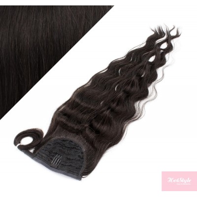 Clip in human hair ponytail wrap hair extension 20" wavy - natural black