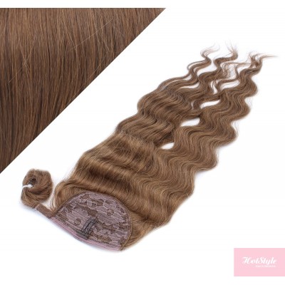 Clip in human hair ponytail wrap hair extension 20" wavy - medium brown