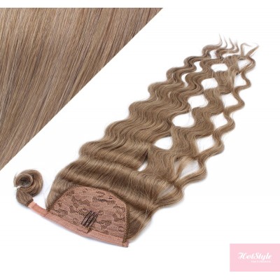 Clip in human hair ponytail wrap hair extension 20" wavy - light brown
