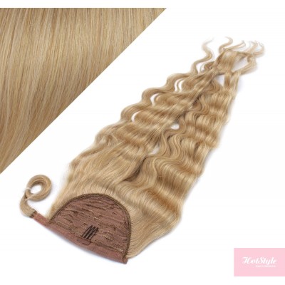 Clip in human hair ponytail wrap hair extension 20" wavy - natural blonde