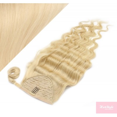 Clip in human hair ponytail wrap hair extension 20" wavy - the lightest blonde