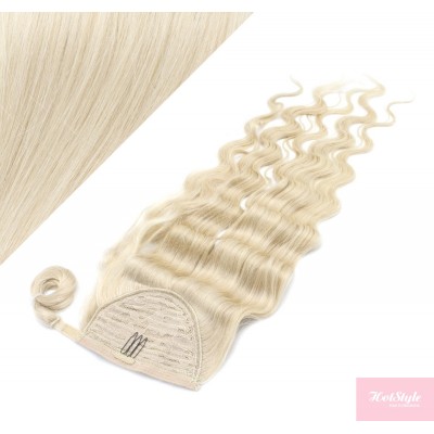 Clip in human hair ponytail wrap hair extension 20" wavy - platinum blonde