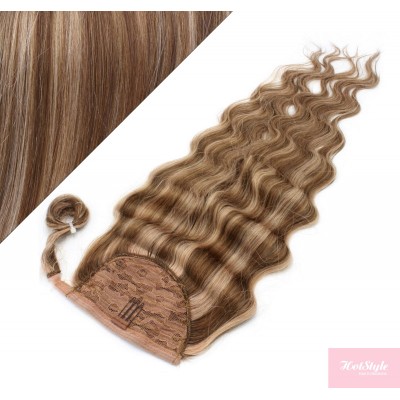 Clip in human hair ponytail wrap hair extension 20" wavy - dark brown/blonde