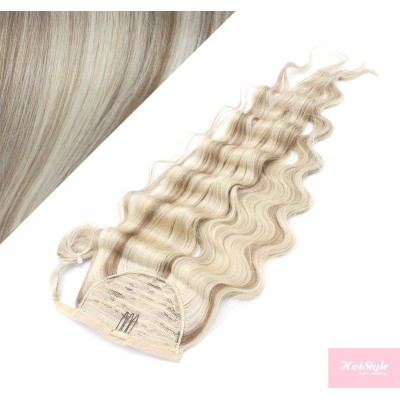 Clip in human hair ponytail wrap hair extension 20" wavy - platinum/light brown