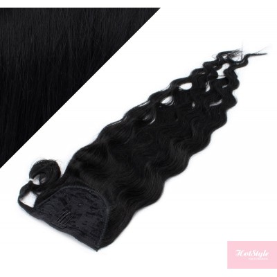 Clip in human hair ponytail wrap hair extension 24" wavy - black