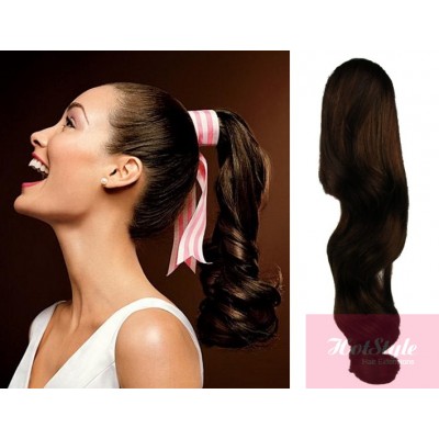 Clip In Human Hair Ponytail Wrap Hair Extension 24 Wavy Dark Brown