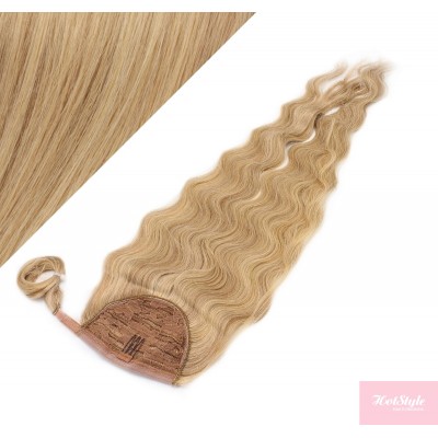 Clip in human hair ponytail wrap hair extension 24" wavy - light blonde/natural blonde