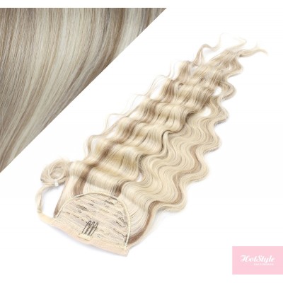 Clip in human hair ponytail wrap hair extension 24" wavy - platinum/light brown