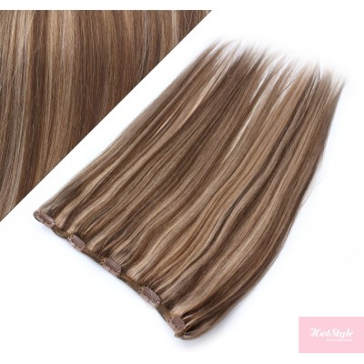 24" one piece full head clip in hair weft extension straight - dark brown / blonde