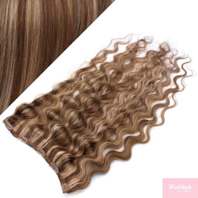 24" one piece full head clip in hair weft extension wavy - dark brown / blonde