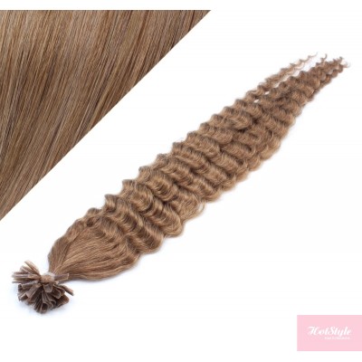 24" (60cm) Nail tip / U tip human hair pre bonded extensions curly - light brown