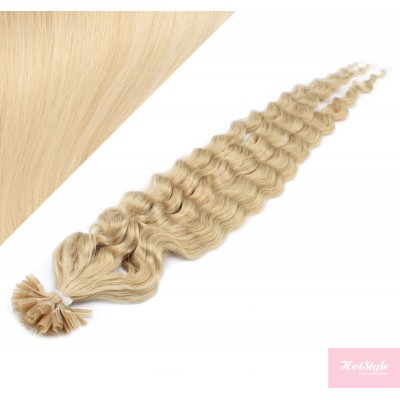24" (60cm) Nail tip / U tip human hair pre bonded extensions curly - the lightest blonde