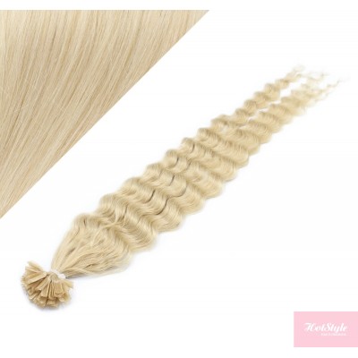 24" (60cm) Nail tip / U tip human hair pre bonded extensions curly - platinum blonde