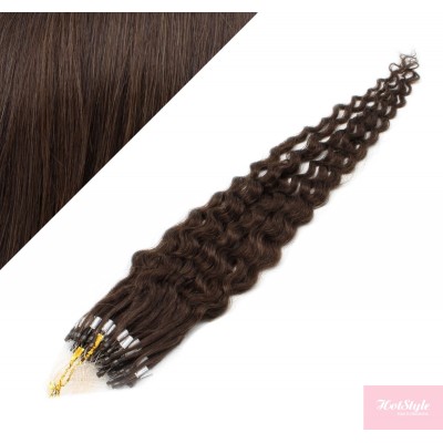 24" (60cm) Micro ring human hair extensions curly - dark brown