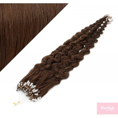 24" (60cm) Micro ring human hair extensions curly - medium brown