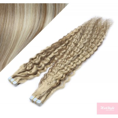 24" (60cm) Tape Hair / Tape IN human REMY hair curly - platinum / light brown