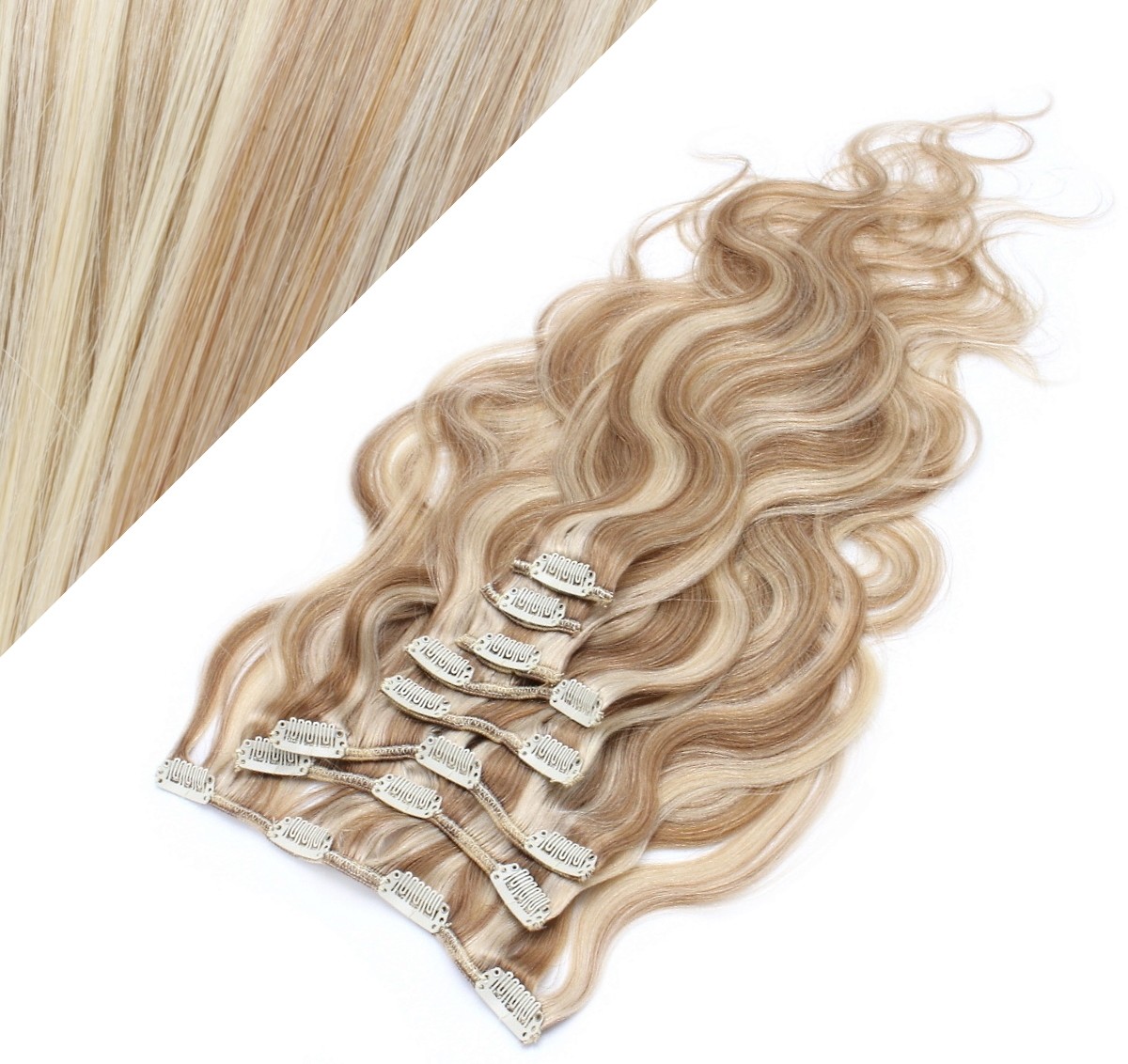 Clip in wavy human hair Remy - mixed blonde - 20