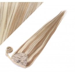 Clip in human hair ponytail wrap hair extension 20" straight - mixed blonde