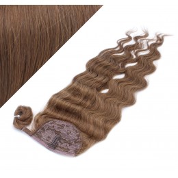 Clip in human hair ponytail wrap hair extension 20" wavy - medium brown