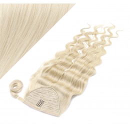 Clip in human hair ponytail wrap hair extension 20" wavy - platinum blonde