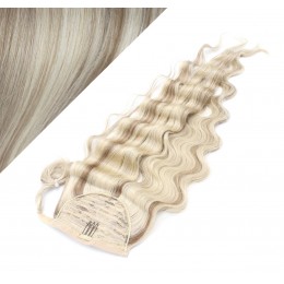 Clip in human hair ponytail wrap hair extension 20" wavy - platinum/light brown