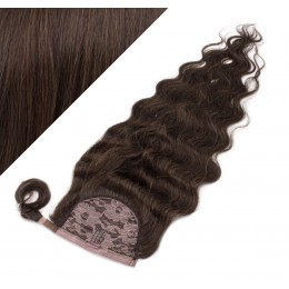 Clip in human hair ponytail wrap hair extension 24" wavy - dark brown
