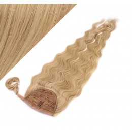 Clip in human hair ponytail wrap hair extension 24" wavy - light blonde/natural blonde