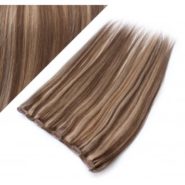 24" one piece full head clip in hair weft extension straight - dark brown / blonde